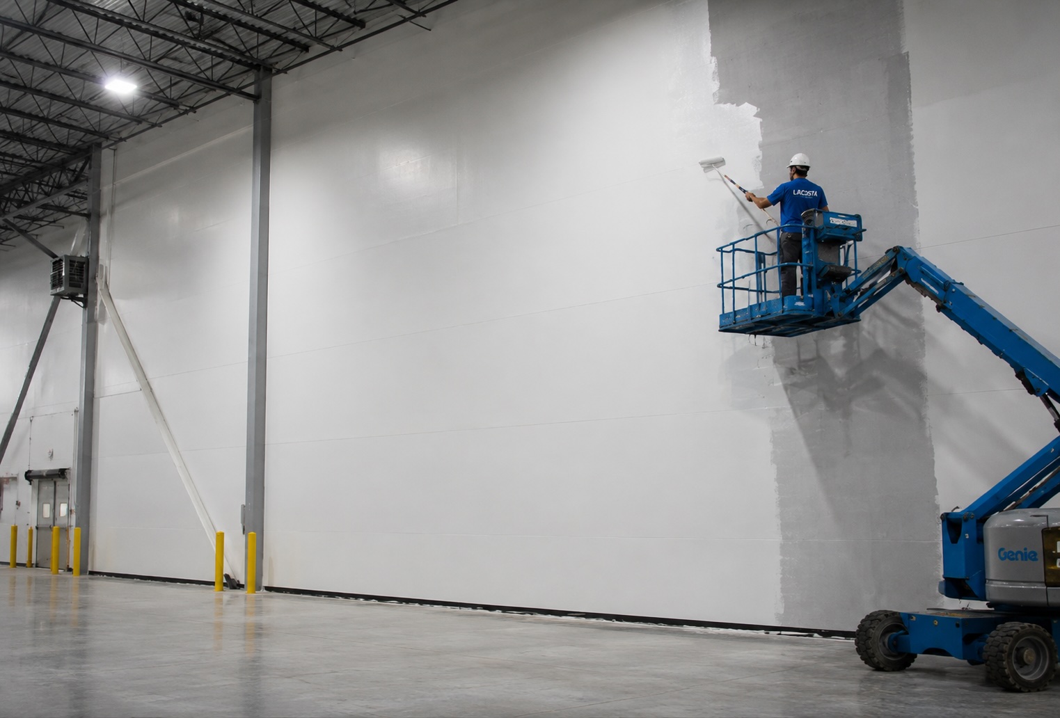 Man painting the inside of a warehouse