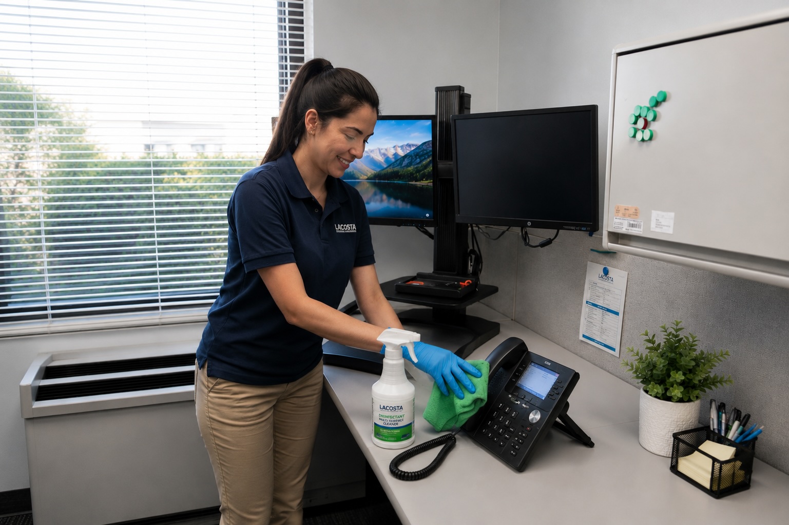 team member cleaning a desk