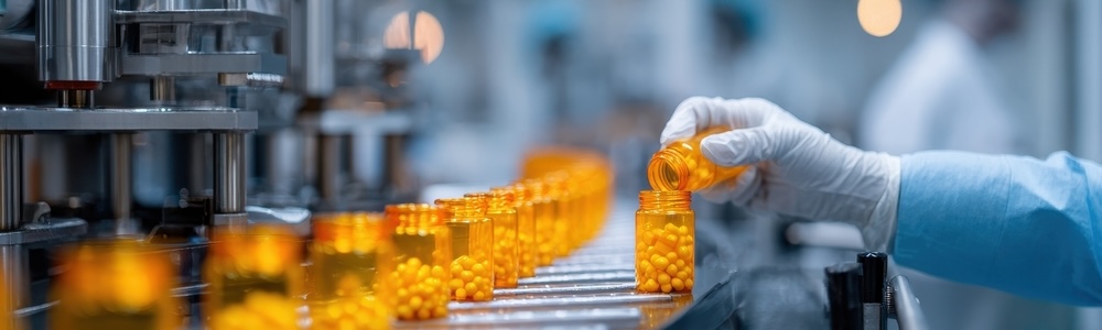 A gloved hand pours pills into a bottle on a conveyor belt in a pharmaceutical manufacturing facility.